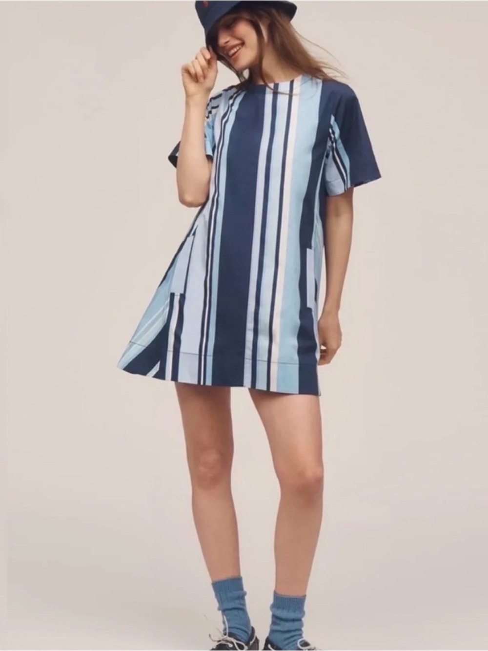 Maeve Medium Emmy Swing Mini Dress Blue White Stripe 100% Cotton Anthro